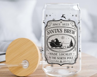 Santa's Brew Sipper Glass | 16oz Holiday Drink Jar with Straw