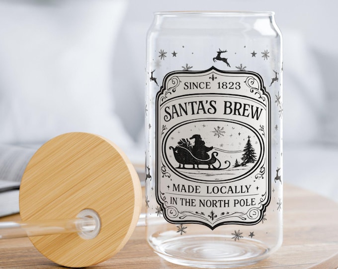 Santas Brew Sipper Glass | 16oz Holiday Drink Jar with Straw