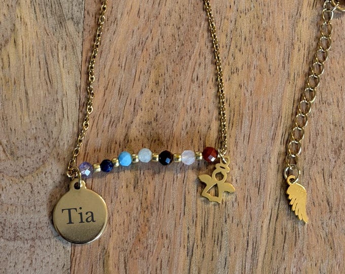 Personalized 7 Chakra Gemstone Necklace & Gift Pouch with Angel Pendant and Wing Pendant Tag