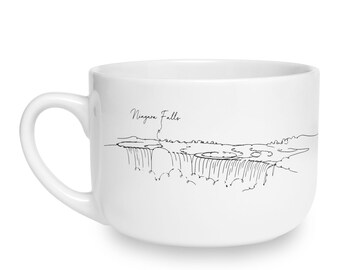 May include: A white ceramic mug featuring a black line art illustration of Niagara Falls. The design includes a continuous line drawing of the waterfall and the text Niagara Falls written in a cursive script above the landscape illustration.