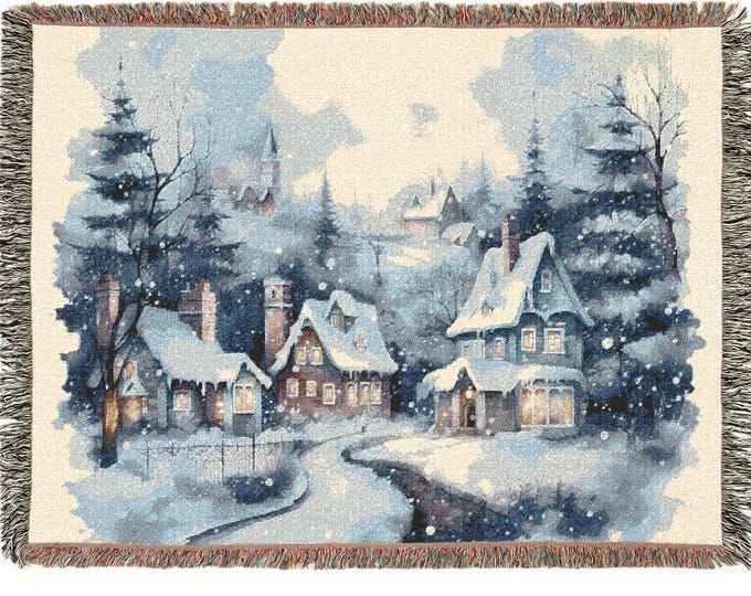 Christmas Village Woven Blanket: Snowy Church Scene Cotton Throw or Wall Tapesty