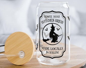 Witches Brew Sipper Glass | 16oz Halloween Bat Witch Glass Cup with Lid and Straw