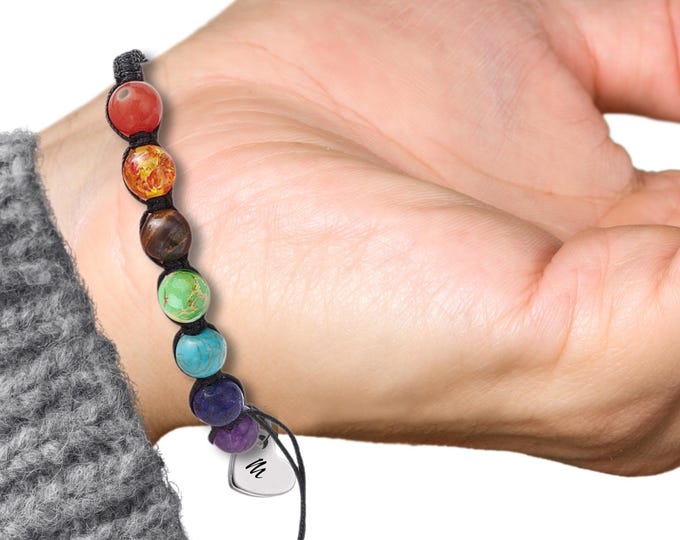 7 Chakra Healing Bracelet: Gemstone Energy Jewelry, Optional Initial Charm