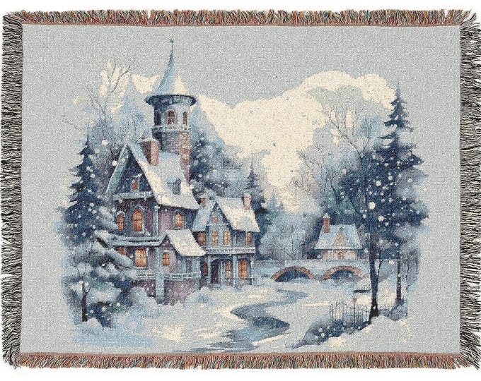 Christmas Village Woven Blanket: Winter Castle Cottage Scene Throw or Wall Tapesty