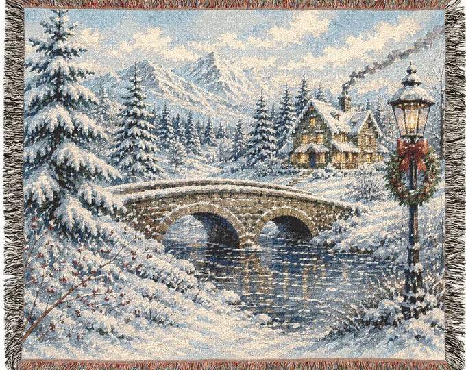 Winter Village Woven Blanket, Christmas Throw Blanket, Snowy Cottage Decor, Holiday Cotton Blanket, Cozy Winter Home, Rustic Christmas Gift