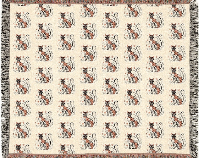 Folk Art Cat Woven Throw Blanket: Boho Home Decor Tapestry