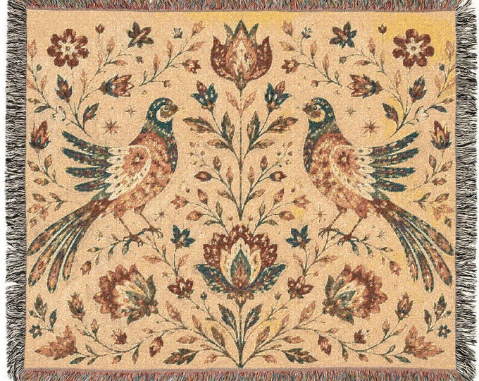 Folk Art Bird Woven Blanket, Cotton Botanical Tapestry Throw, Scandinavian Cottagecore Decor