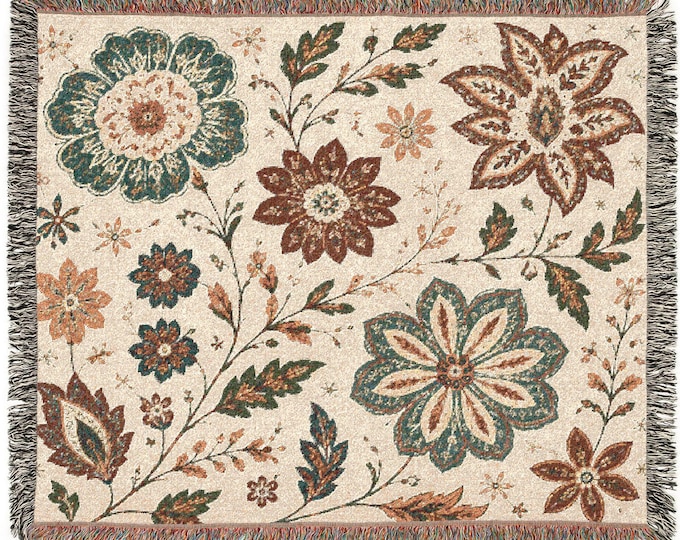 Boho Floral Woven Blanket | Vintage Botanical Tapestry Throw | 100% Cotton Fringe Sofa Decor