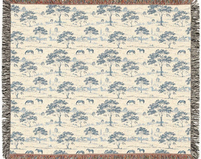 Stillness & Story Woven Blanket: Blue Pastoral Landscape | Heirloom Countryside Throw