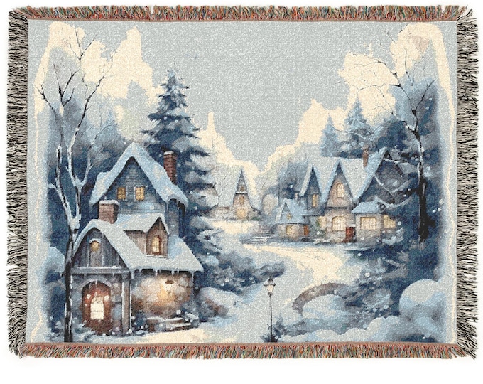 Christmas Village Woven Blanket: Snowy Cottage Lane Cotton Throw or Wall Tapesty