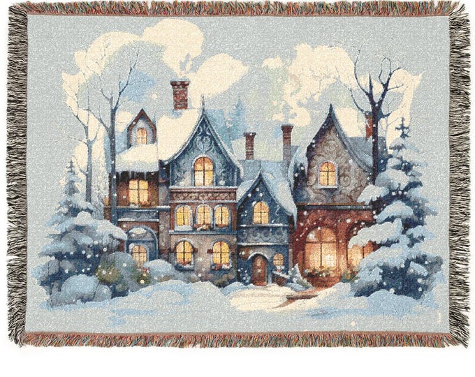 Christmas Village Woven Blanket: Victorian Snow House Cotton Throw, or Wall Tapesty