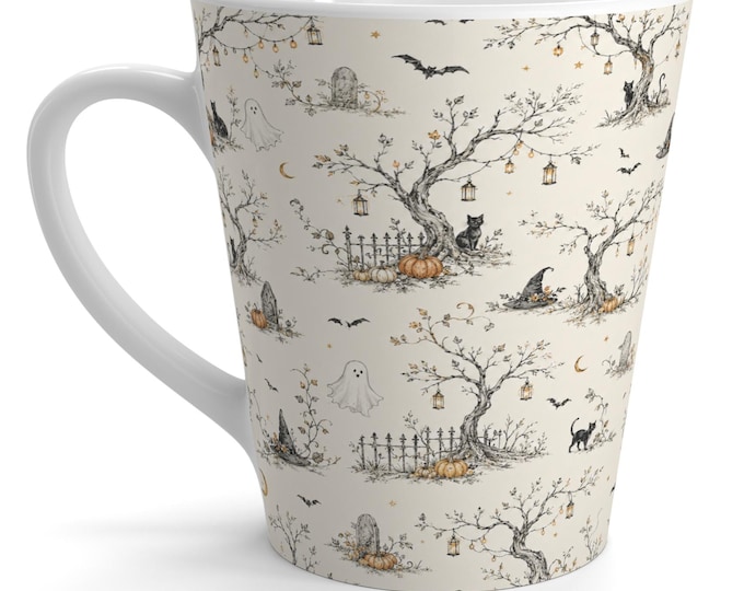 Vintage Halloween Toile Latte Mug | Ghosts, Pumpkins, Bats