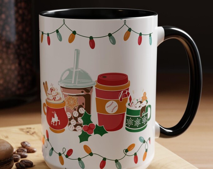 Christmas Baseball Ceramic Mug | Full Wrap Design | 11oz I 15oz | Winter Drinks | Cocoa, Coffee, Tea Mug | Christmas Lights & Mistletoe