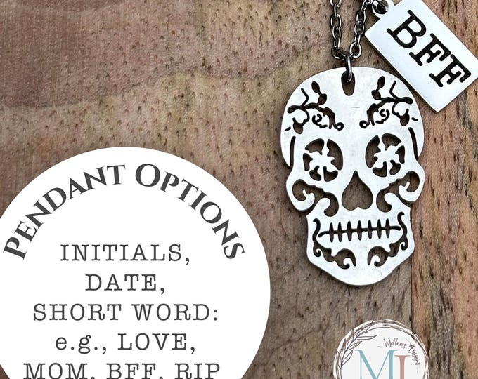 Personalized Sugar Skull Necklace: Engraved Stainless Steel Gothic Skeleton Pendant