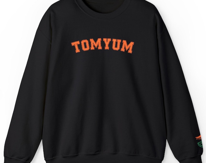 TOMYUM Embroidered Sweatshirt: Spicy Varsity Crewneck | Thai Food Lover Gift | Stay Spicy Sleeve Detail