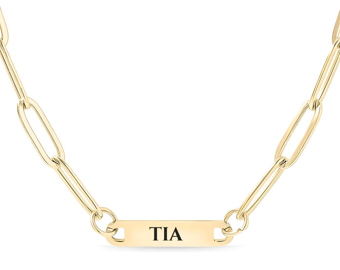 Personalized 18K Gold or Silver Paperclip Chain Necklace: Engraved Name Bar + Personalized Gift Pouch