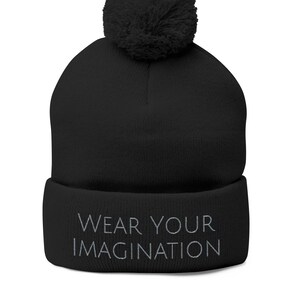 Personalized Embroidered Pom-Pom Knit Cap | Blue Top, Gray Cuff, Custom Seasonal Winter Hat