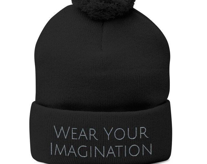 Personalized Embroidered Pom-Pom Knit Cap | Blue Top, Gray Cuff, Custom Seasonal Winter Hat