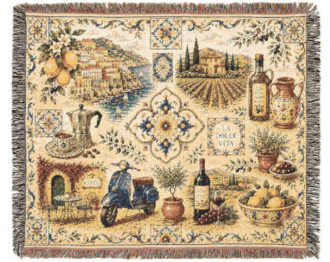 Bella Italia Woven Cotton Blanket, Italian Landscape Tapestry Throw, Amalfi Tuscan Decor
