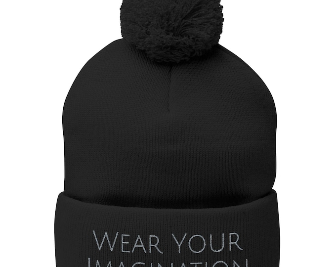 Personalized Embroidered Pom-Pom Knit Cap | Blue Top, Gray Cuff, Seasonal Winter Hat