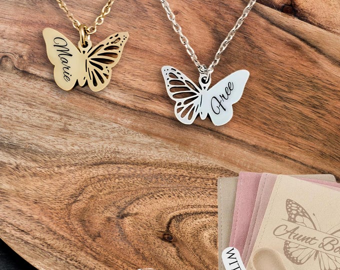 Personalized Dainty Butterfly Necklace: Engraved Name Pendant, Gold or Silver + Custom Suede Pouch