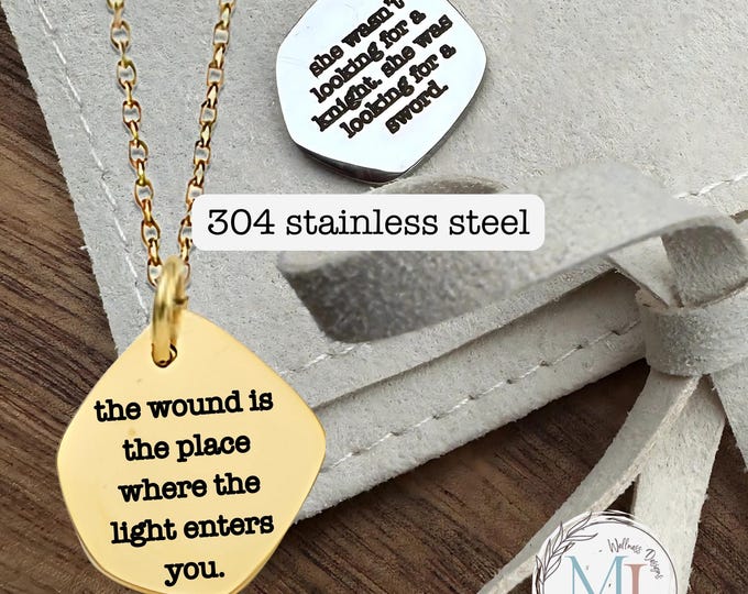 Personalized Inspirational Necklace | 304 Stainless Steel & 14K Gold Plated | 2 Sided Engraved Book Quote Pendant | Custom Gift Pouch