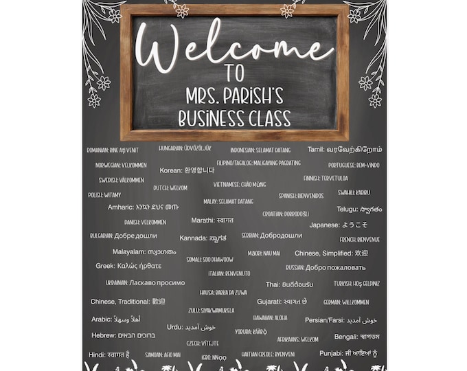 Personalized Multilingual Welcome Poster: Custom Teacher Classroom Sign, Chalkboard Decor, 30x40 or 36x48