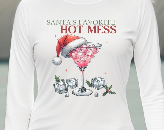 Santa's Favorite Hot Mess Lightweight Long Sleeve Shirt | Moisture-Wicking Tee UV Protection | Funny Christmas Cosmo Shirt