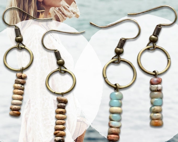 Boho Dangle Earrings Choice of Shoushan Stone or Drawing Stone Chakra Balancing Antique Bronze Lightweight & Versatile Bohemian Jewelry