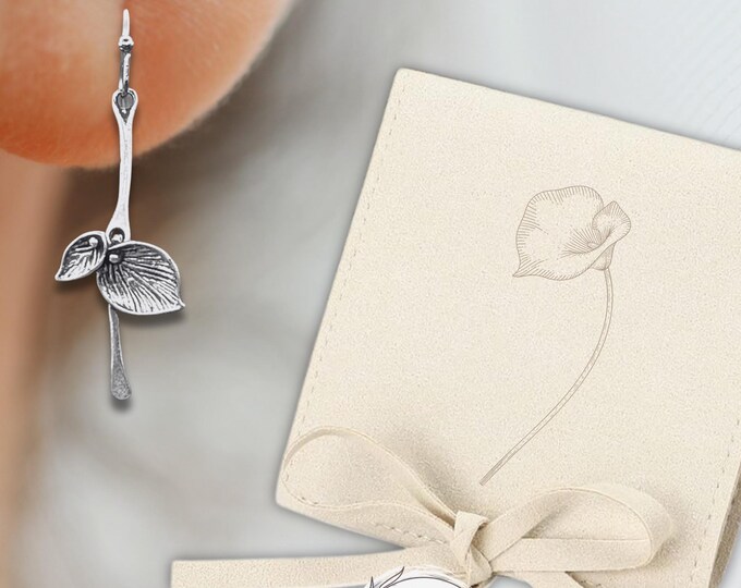 Bohemian Dangle Earrings Vintage Style, Calla Lily Design, Silver Plated Custom Gift for Her, Floral Earrings with Custom Gift Pouch