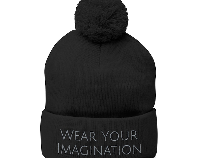 Personalized Embroidered Pom-Pom Knit Cap | Blue Top, Gray Cuff, Seasonal Winter Hat