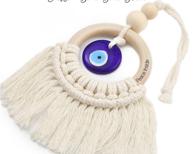Personalized Macrame Evil Eye Wall Hanging: Engraved Wood Ring | Custom Protection Charm