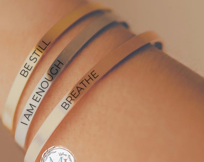 Mantra Bangle Bracelet: Custom Engraved Stainless Steel Inspirational Cuff | Personalized Gift Pouch