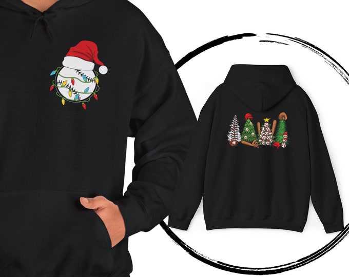 Christmas Baseball 2-Sided Hoodie | Unisex Heavy Blend Holiday Sweatshirt | Festive Baseball Hoodie Front & Back Logo | Christmas Gift