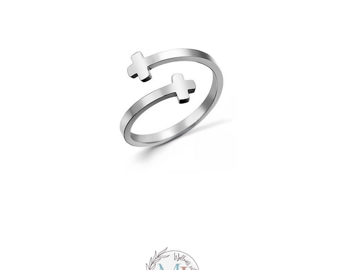 Minimalist Double Cross Ring, Adjustable Mirror Polished Faith Jewelry with Personalized Gift Pouch