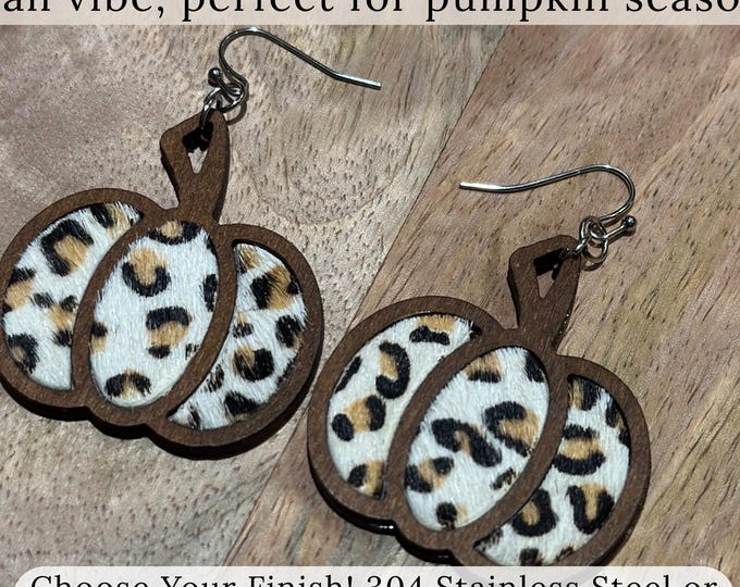 Leopard Pumpkin Earrings • Lightweight Wood & Faux Leather • Fall Statement Jewelry