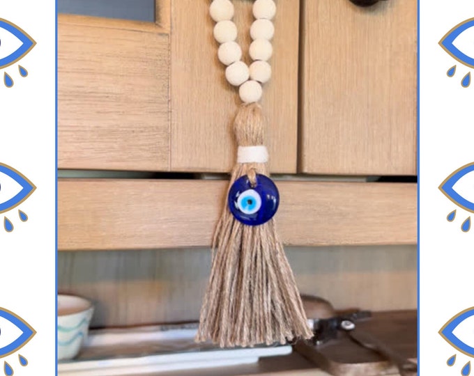Handmade Evil Eye Door Charm Lanyard I Protection Talisman with Glass Pendant, Wood Beads, Burlap, & Cotton Thread for Home or Office Decor