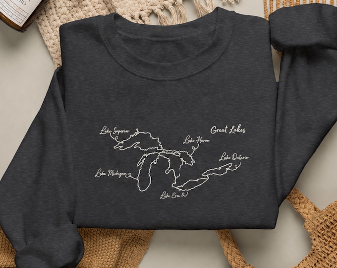 Embroidered Lakes Map Sweatshirt, Minimalist Crewneck, Cozy Lake Life Apparel