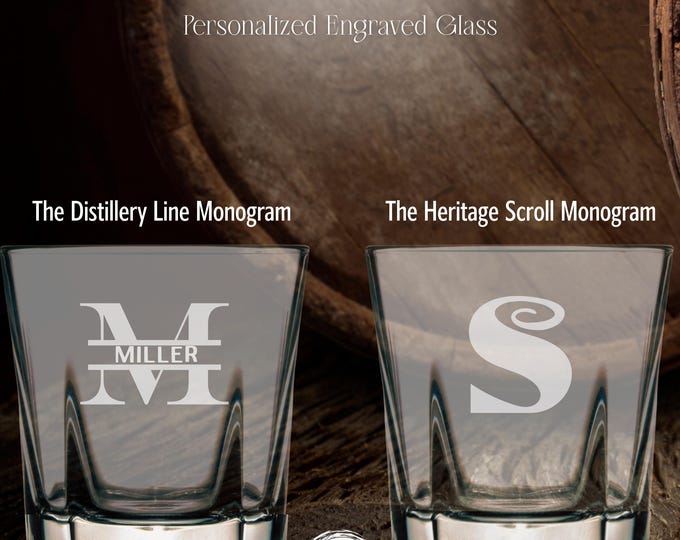 Monogram Whiskey Glass: Distillery Line or Heritage Scroll • Personalized Bourbon Glass • Engraved Faceted Lowball