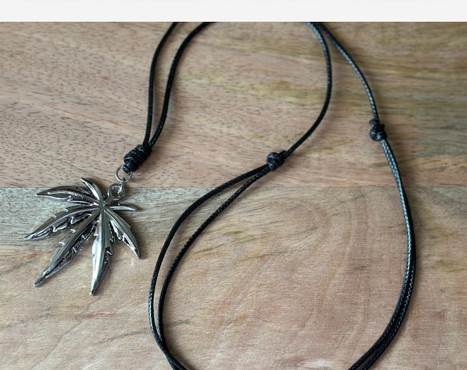 Leaf Pendant Necklace, Platinum Alloy Leaf on Adjustable Cord, Botanical Jewelry, Unisex Necklace, Nature Lover Gift, Hippie Boho Jewelry