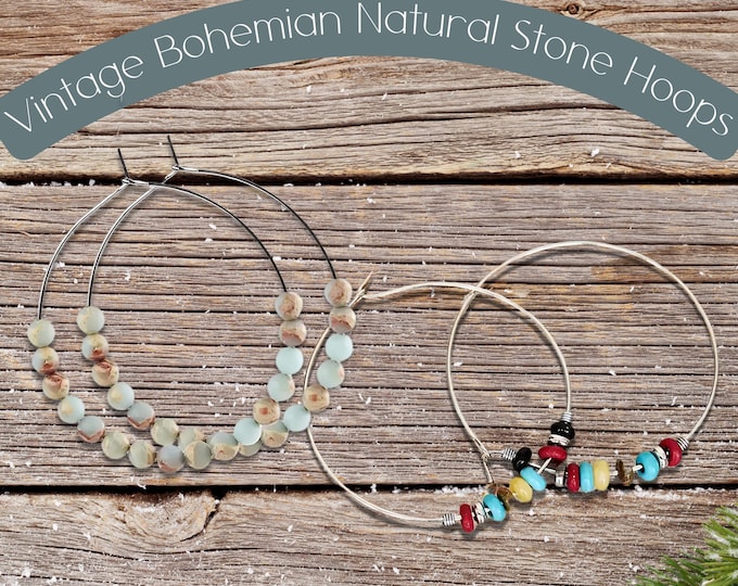 Natural Stone Hoop Earrings Vintage Bohemian | Hypoallergenic Nickel-Free Hoops | Choose Amazonite or Mixed Stones | Gift for her