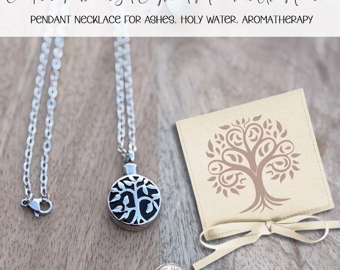 Personalized Tree of Life Urn Necklace, Memorial Keepsake Pendant, Aromatherapy Diffuser (316L Stainless Steel)