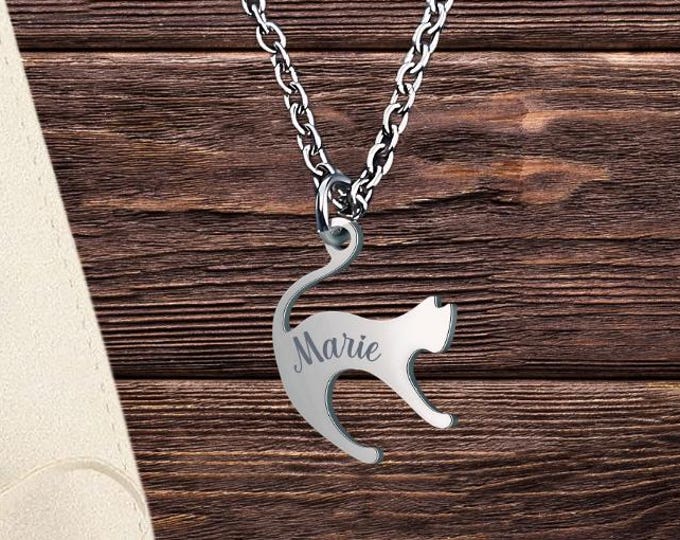 Engraved Cat Necklace: Personalized Stainless Steel Pendant, Cat Lover Gift