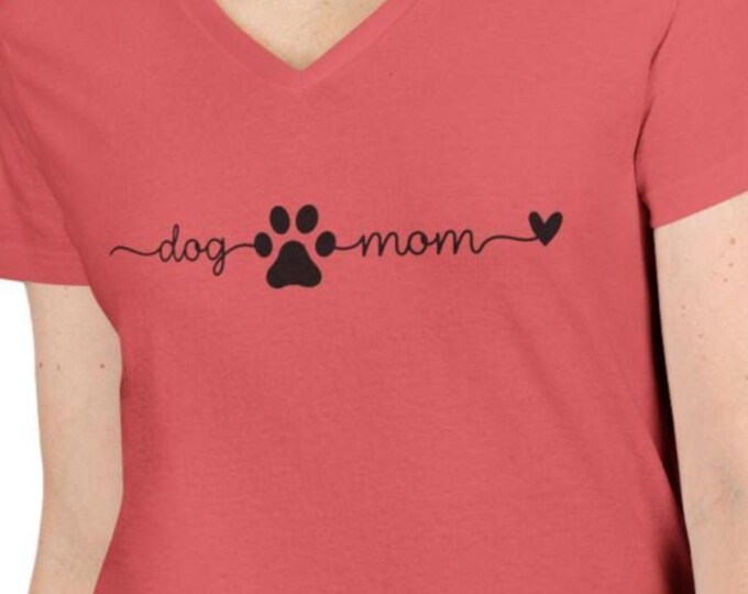Dog Mom V-Neck T-Shirt, Minimalist Pet Lover Shirt with Paw Print and Heart, Cute Dog Mama Gift, Womens Dog Lover Tee, Fur Baby Shirt