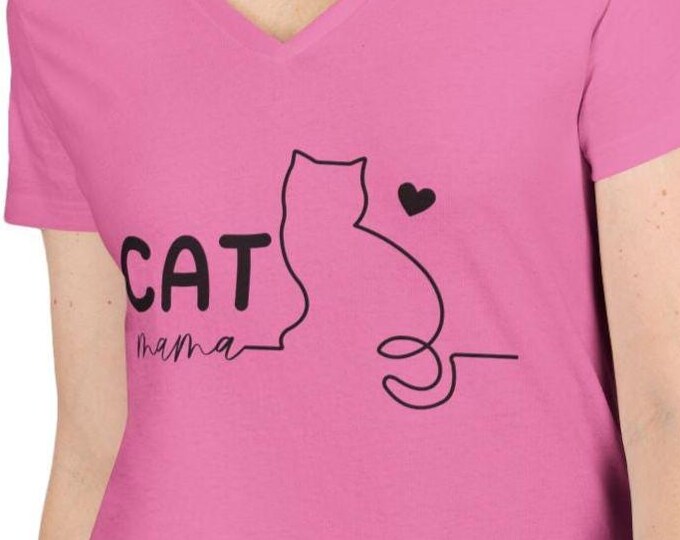Cat Mama V-Neck T-Shirt, Minimalist Cat Silhouette Shirt for Women, Cute Feline Lover Gift, Pet Mom Tee, Kitty Parent Apparel