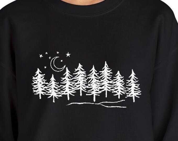 Embroidered Forest Sweatshirt: Evergreen Treeline Moon Stars Crewneck Cozy Pullover