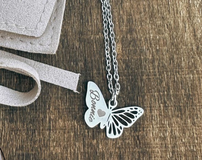 Custom Butterfly Necklace with Engraved Name or Word, in Gold or Silver, Engraved Gift Pouch Included, Personalized Gift for Her
