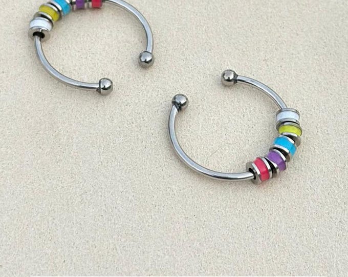 Anti-Anxiety Spinner Ring: Stainless Steel & Enamel Calming Beads, Open Cuff with Personalized Gift Pouch