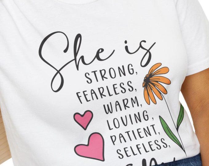 She is Mom T-Shirt, Strong Fearless Loving Mama Tee, Floral Heart Graphic Shirt, Mother's Day Gift, Softstyle Unisex Tee
