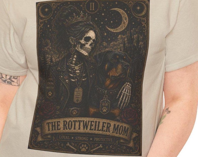 Rottweiler Mom Shirt, Gothic Rottie Sweatshirt or Tarot Tote Bag, Skeleton Moon Dog Lover Gift